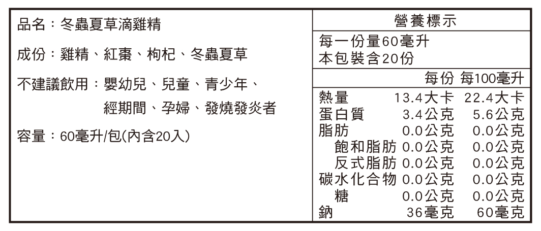 田原香冬蟲夏草滴雞精營養標示